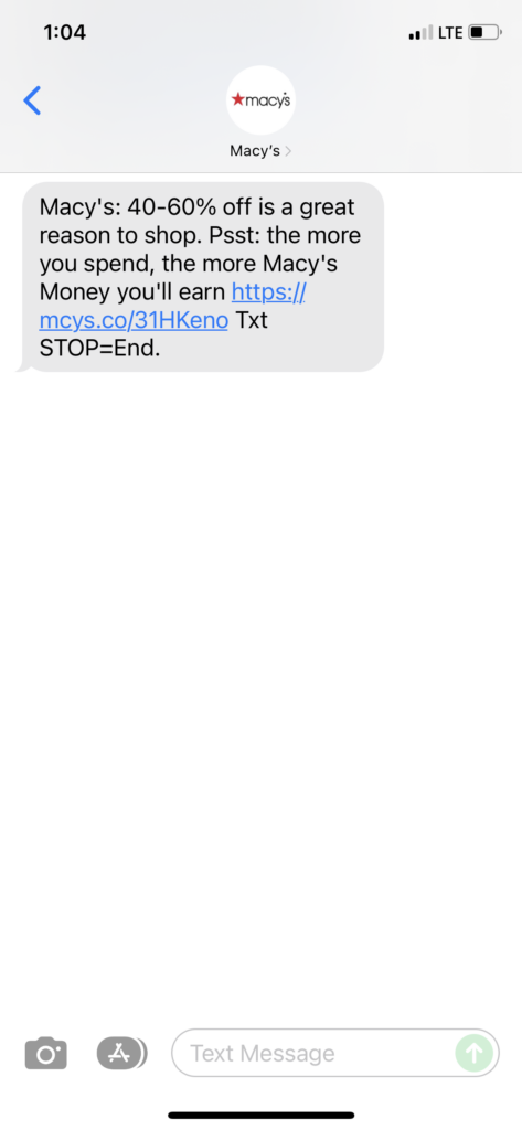 Macy's Text Message Marketing Example - 12.09.2021