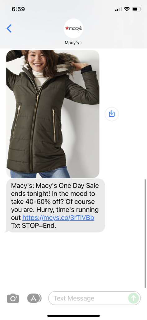 Macy's Text Message Marketing Example - 12.11.2021