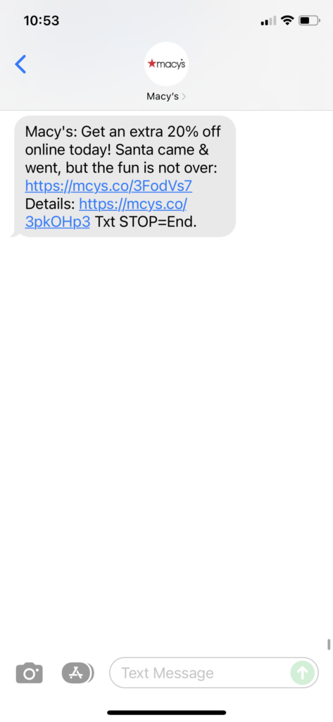 Macy's Text Message Marketing Example - 12.25.2021