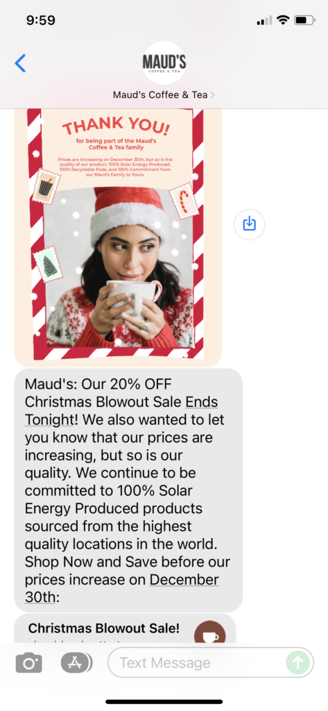 Maud's Coffee & Tea Text Message Marketing Example - 12.28.2021