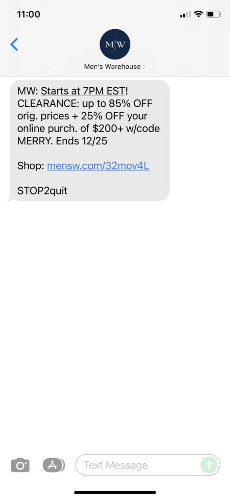 Men's Warehouse Text Message Marketing Example - 12.24.2021