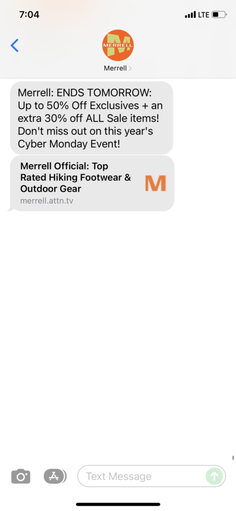 Merrell Text Message Marketing Example - 12.02.2021