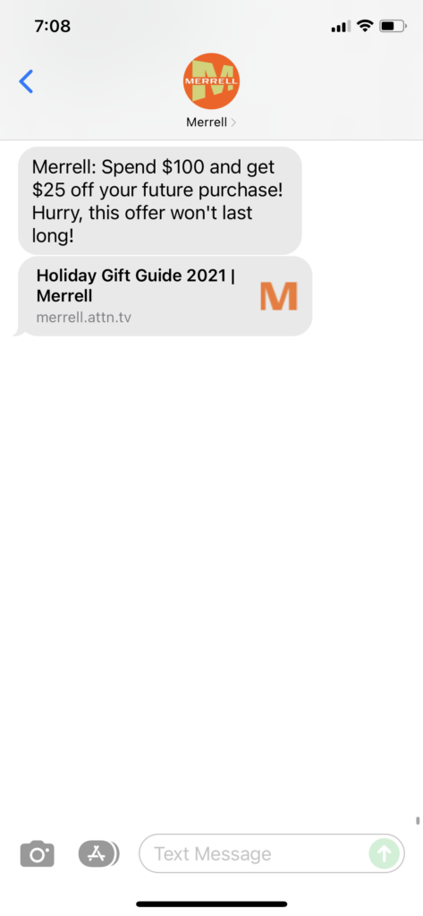 Merrell Text Message Marketing Example - 12.10.2021