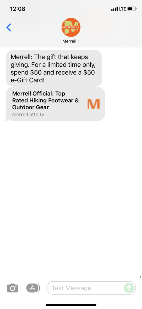 Merrell Text Message Marketing Example - 12.17.2021