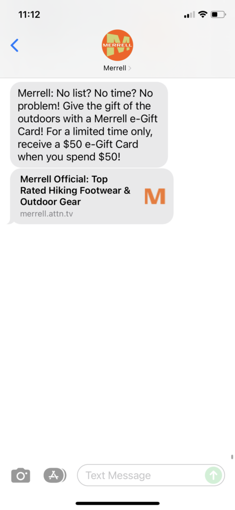 Merrell Text Message Marketing Example - 12.23.2021