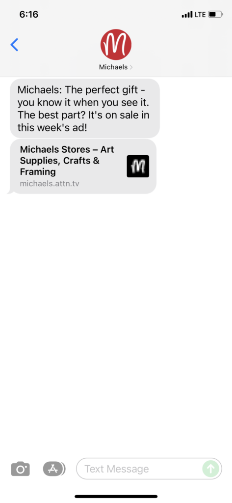 Michaels Text Message Marketing Example - 12.05.2021