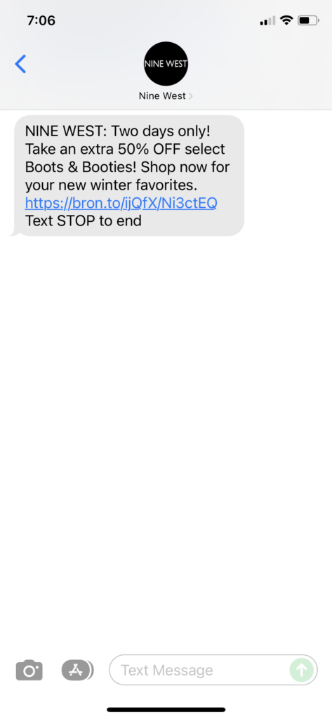 Nine West Text Message Marketing Example - 12.10.2021