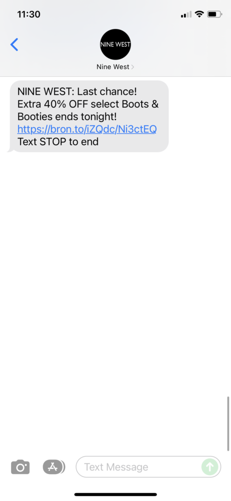 Nine West Text Message Marketing Example - 12.19.2021
