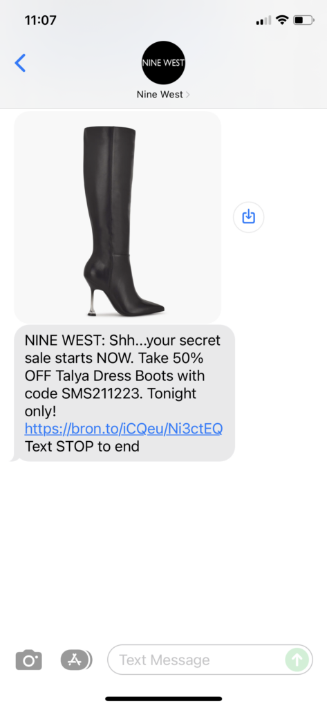 Nine West Text Message Marketing Example - 12.23.2021