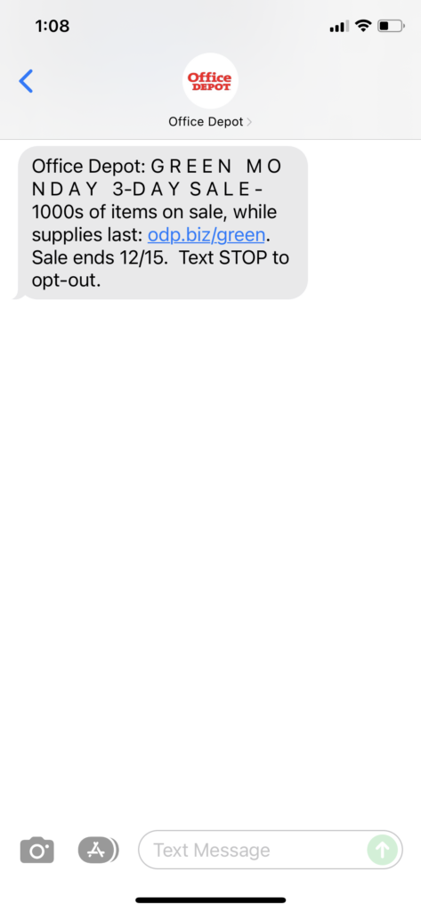 Office Depot Text Message Marketing Example - 12.14.2021