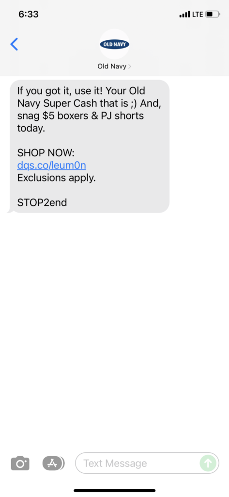 Old Navy Text Message Marketing Example - 12.04.2021