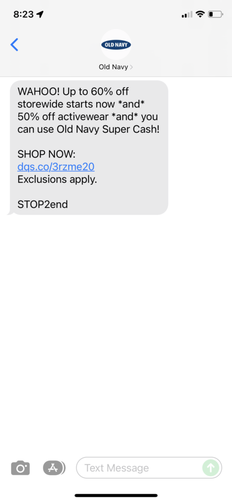 Old Navy Text Message Marketing Example - 12.08.2021