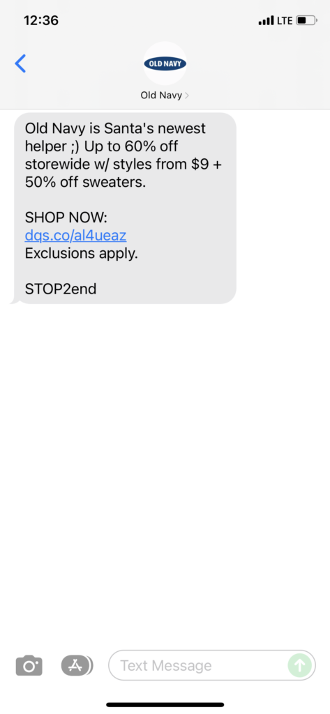 Old Navy Text Message Marketing Example - 12.15.2021