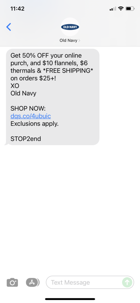 Old Navy Text Message Marketing Example - 12.18.2021