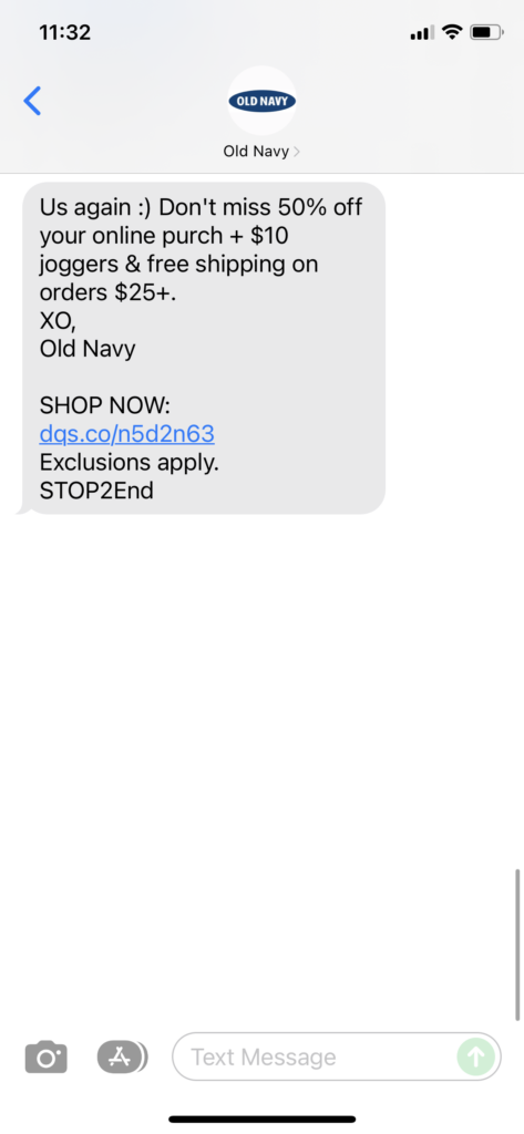 Old Navy Text Message Marketing Example - 12.19.2021
