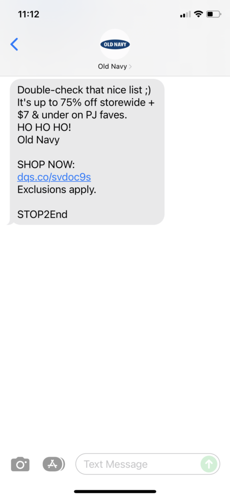 Old Navy Text Message Marketing Example - 12.23.2021