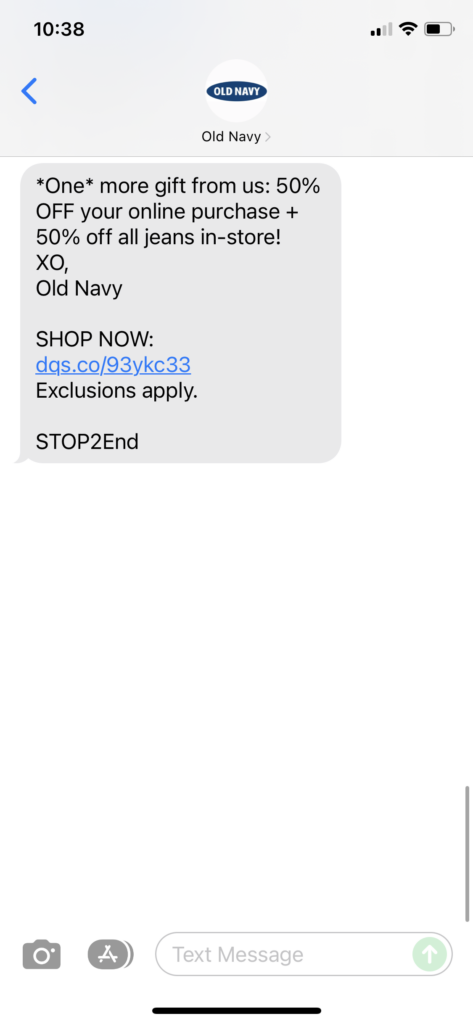 Old Navy Text Message Marketing Example - 12.26.2021