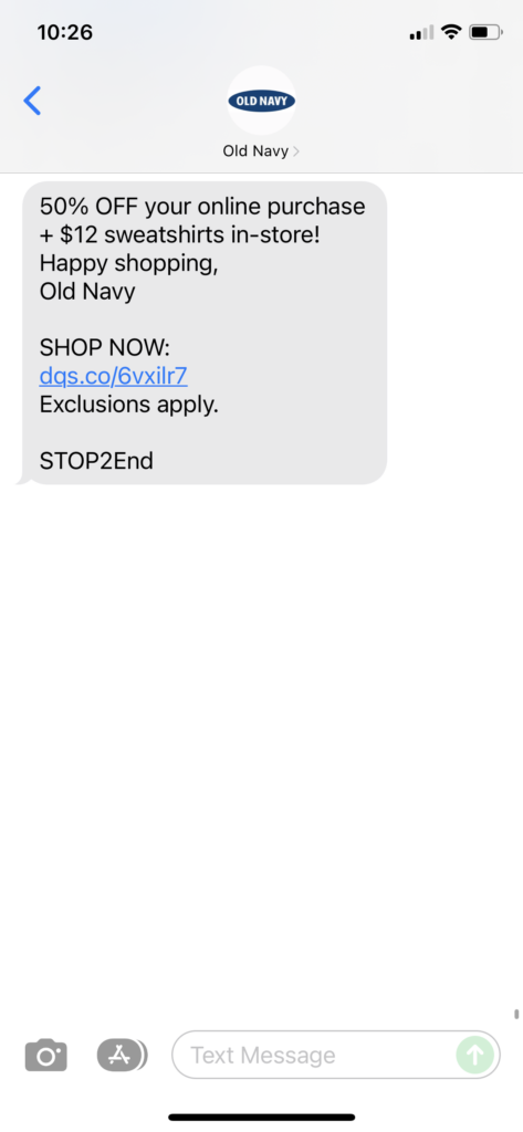 Old Navy Text Message Marketing Example - 12.27.2021