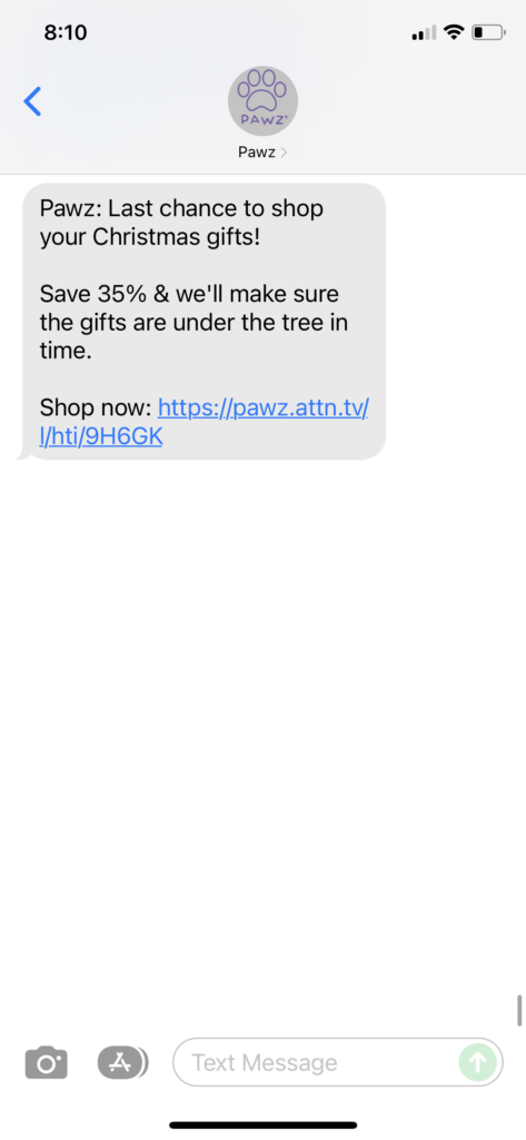PAWZ Text Message Marketing Example - 12.08.2021