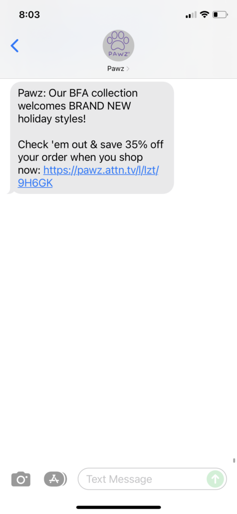 PAWZ Text Message Marketing Example - 12.09.2021