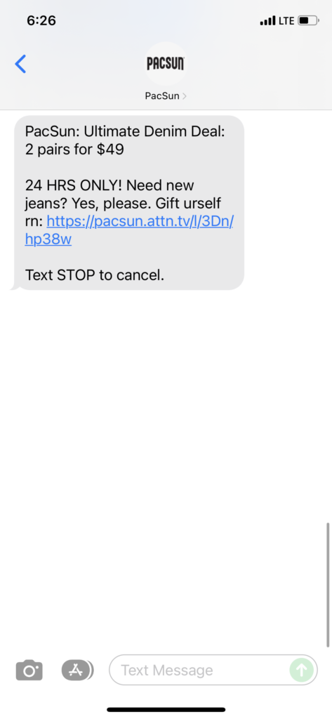 PacSun Text Message Marketing Example - 12.05.2021