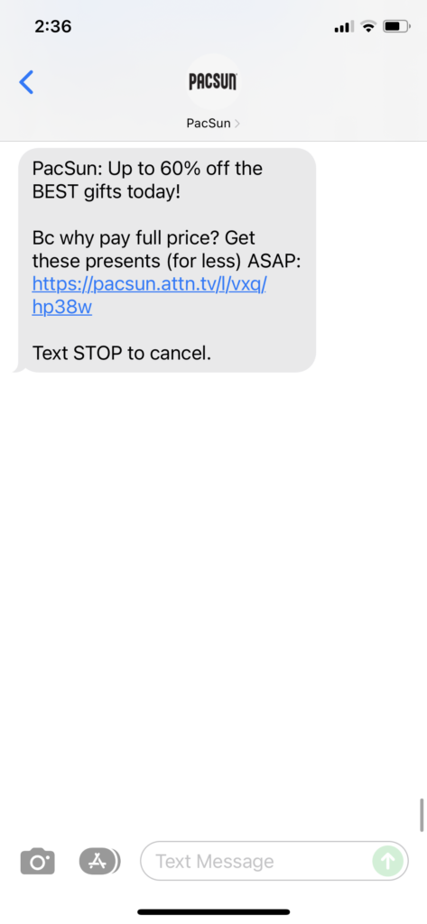 PacSun Text Message Marketing Example - 12.06.2021