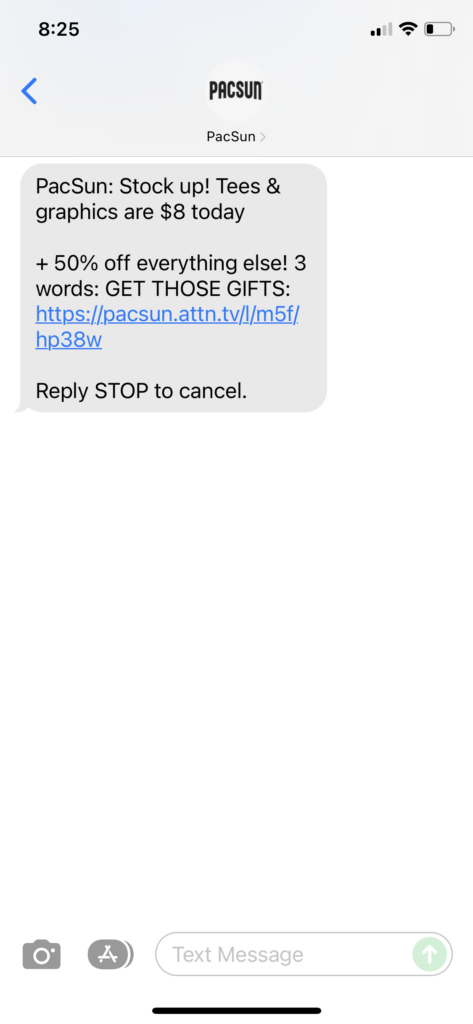 PacSun Text Message Marketing Example - 12.08.2021