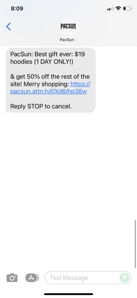 PacSun Text Message Marketing Example - 12.09.2021