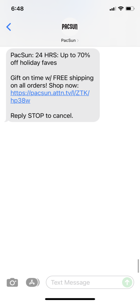 PacSun Text Message Marketing Example - 12.12.2021