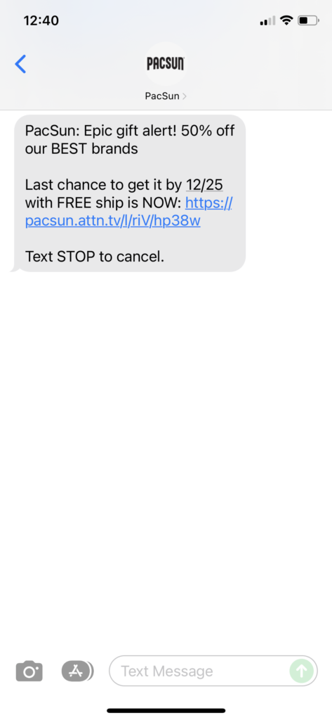 PacSun Text Message Marketing Example - 12.15.2021