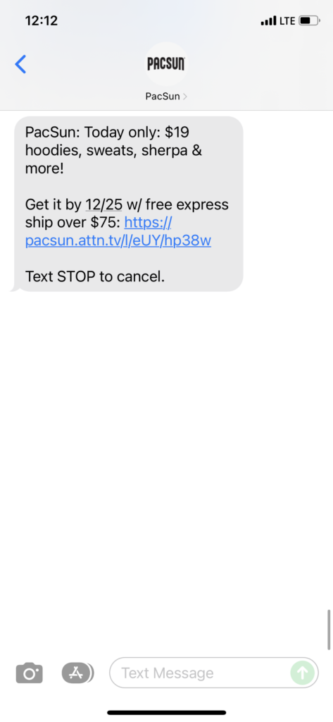 PacSun Text Message Marketing Example - 12.17.2021
