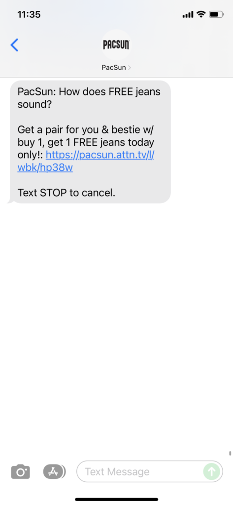 PacSun Text Message Marketing Example - 12.19.2021