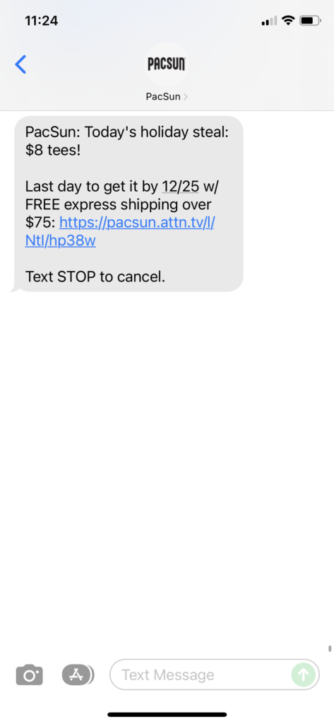 PacSun Text Message Marketing Example - 12.20.2021