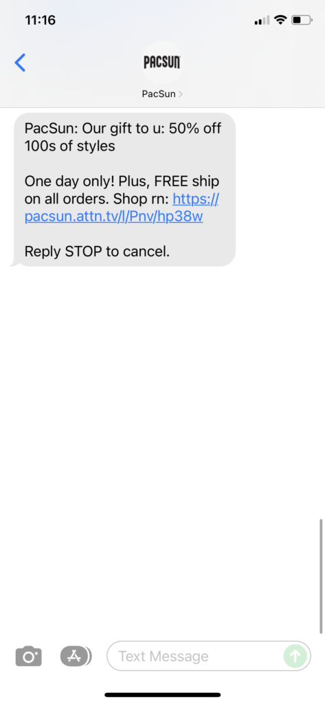 PacSun Text Message Marketing Example - 12.23.2021