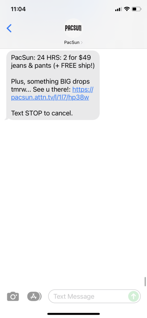 PacSun Text Message Marketing Example - 12.24.2021