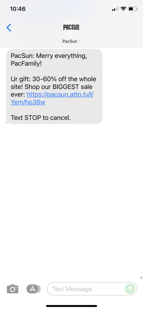 PacSun Text Message Marketing Example - 12.26.2021