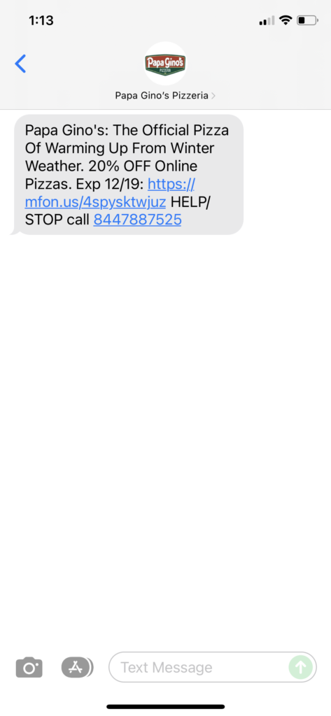 Papa Gino's Text Message Marketing Example - 12.14.2021