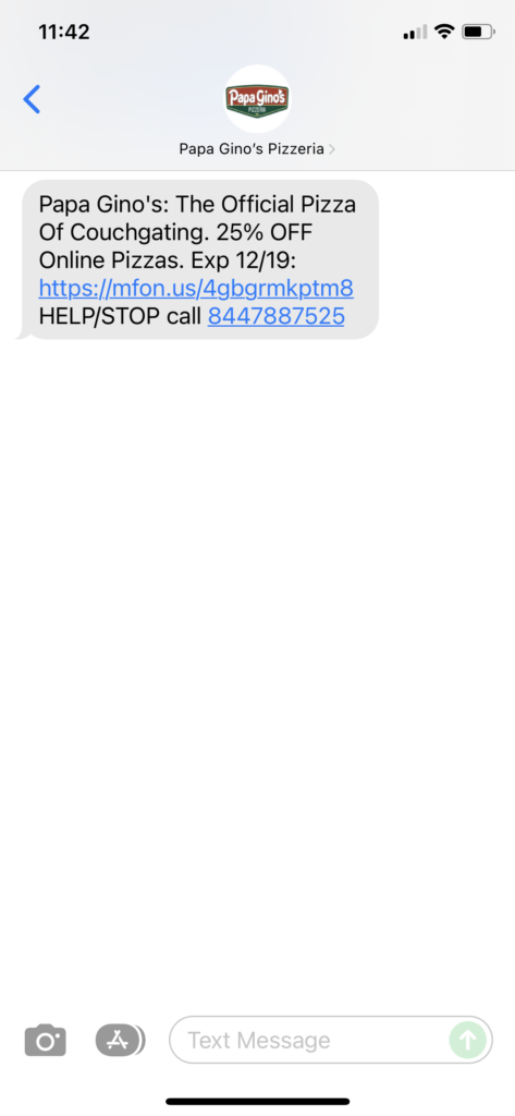 Papa Gino's Text Message Marketing Example - 12.18.2021