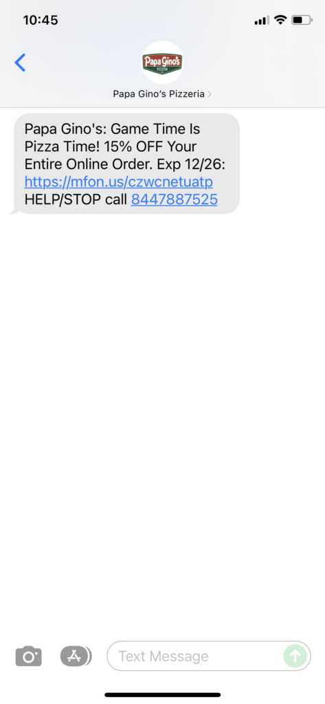 Papa Gino's Text Message Marketing Example - 12.26.2021