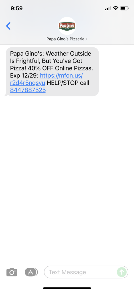 Papa Gino's Text Message Marketing Example - 12.28.2021