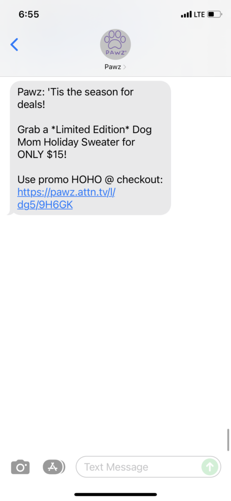 Pawz 1 Text Message Marketing Example - 12.03.2021