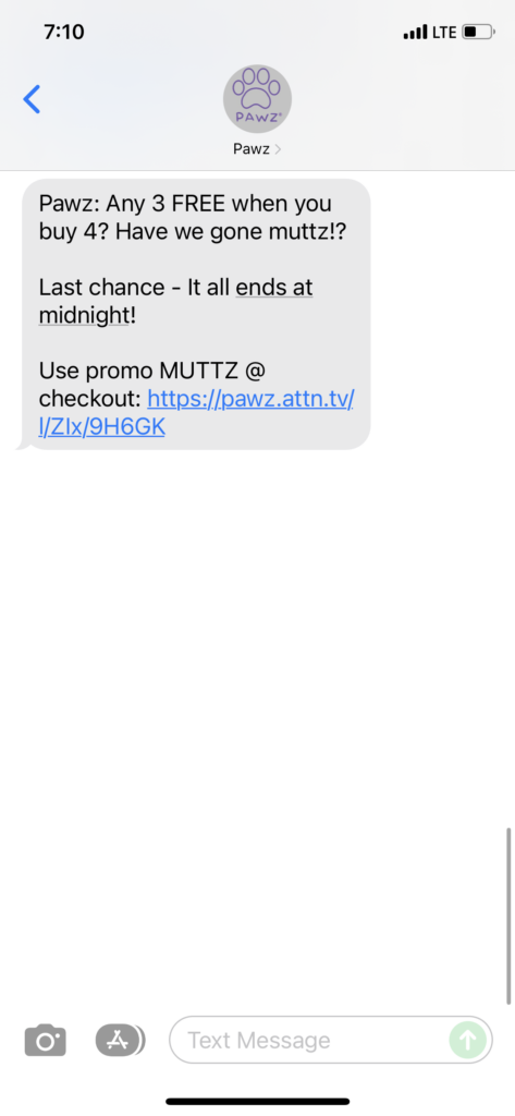 Pawz Text Message Marketing Example - 12.01.2021
