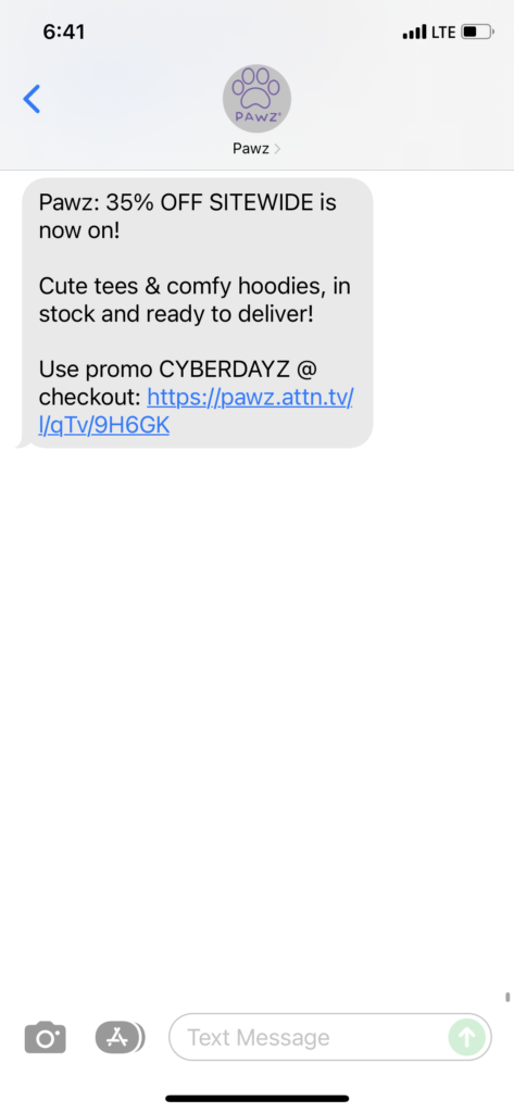 Pawz Text Message Marketing Example - 12.03.2021