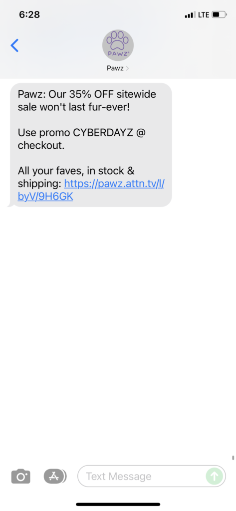 Pawz Text Message Marketing Example - 12.04.2021
