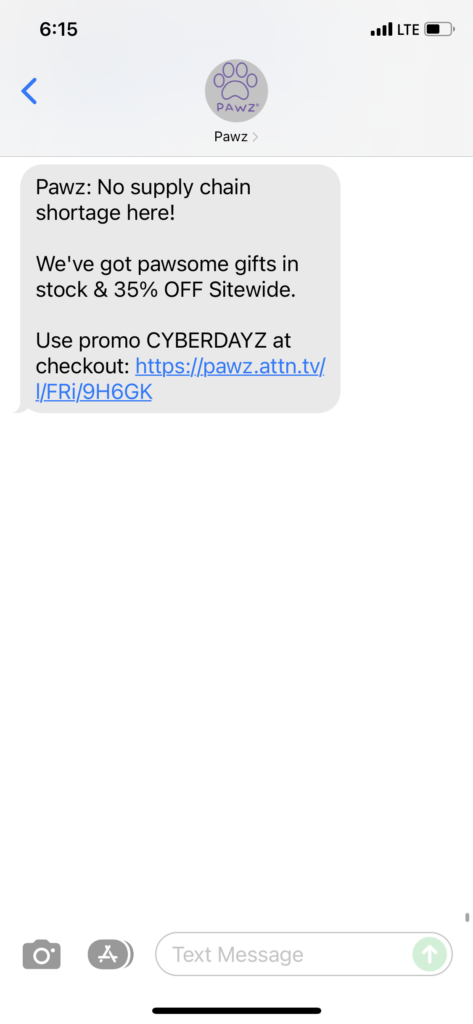 Pawz Text Message Marketing Example - 12.05.2021