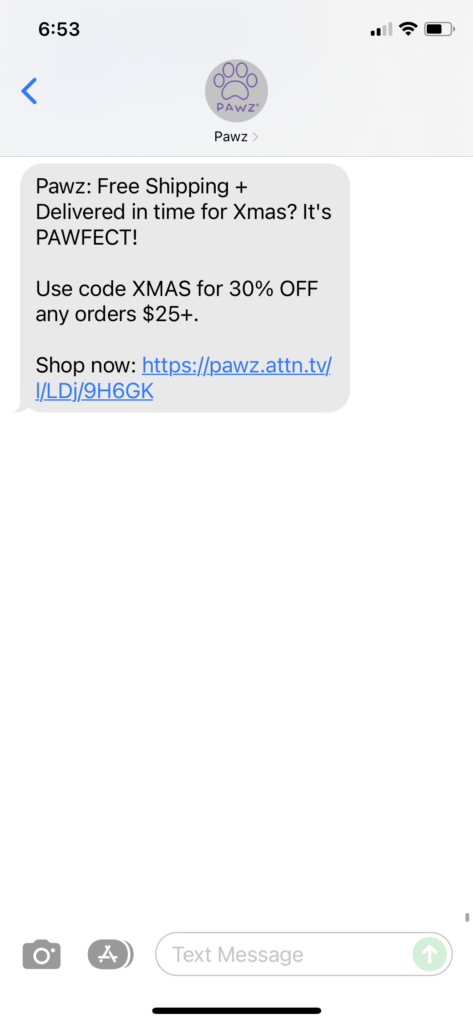 Pawz Text Message Marketing Example - 12.11.2021