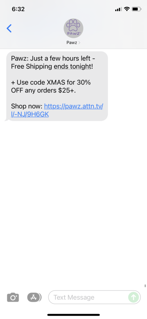 Pawz Text Message Marketing Example - 12.12.2021
