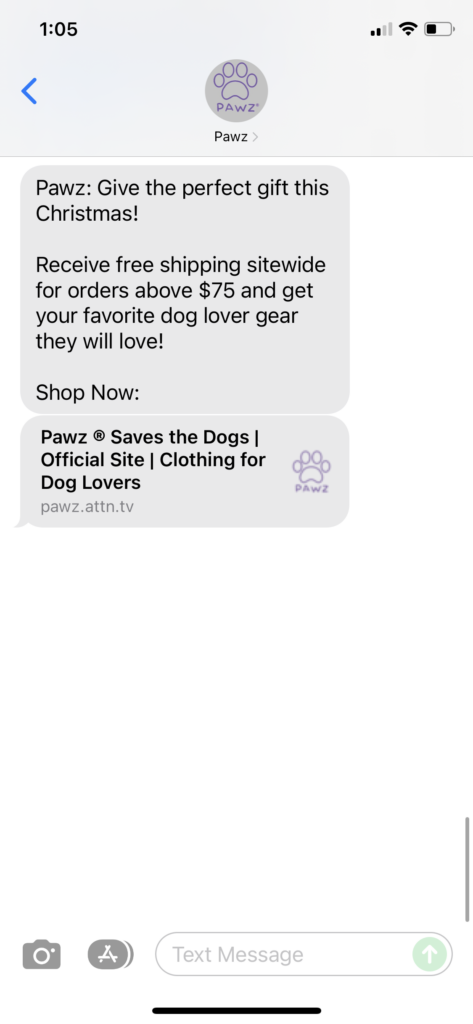 Pawz Text Message Marketing Example - 12.14.2021