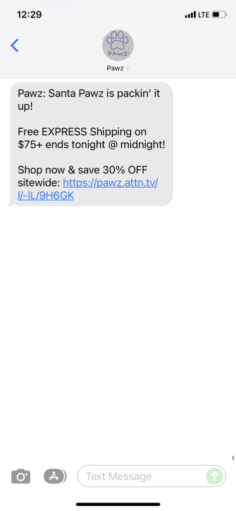 Pawz Text Message Marketing Example - 12.15.2021