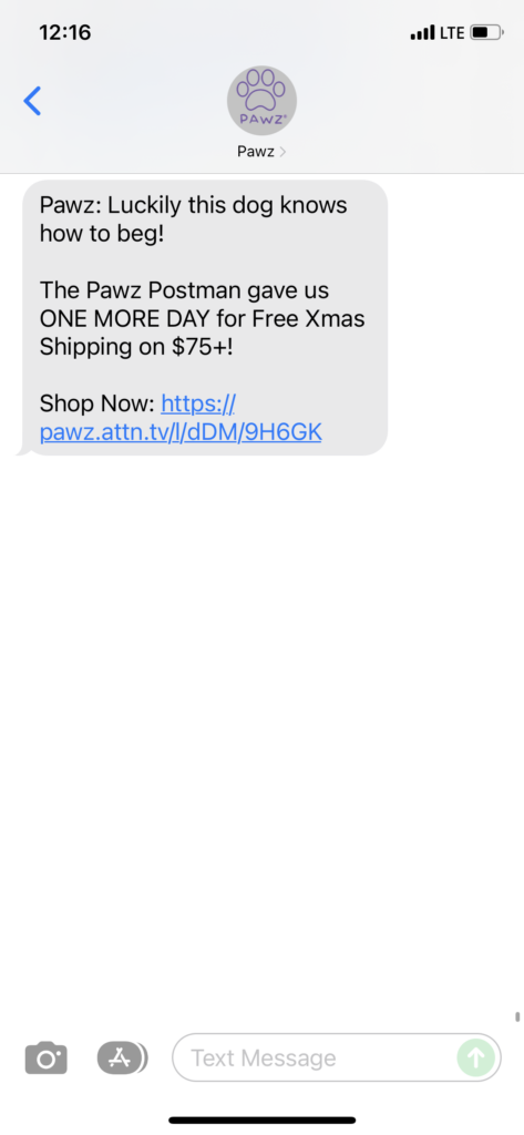 Pawz Text Message Marketing Example - 12.16.2021